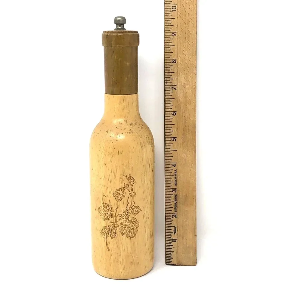 Wood Pepper Mill Grinder Vintage 70s Hand Crafted 2-Tone Engraved Bottle Shape